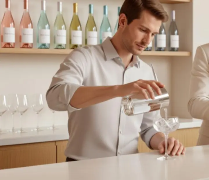 Barman i sommelier Polvirelona przygotowujący koktajle i prezentujący wina