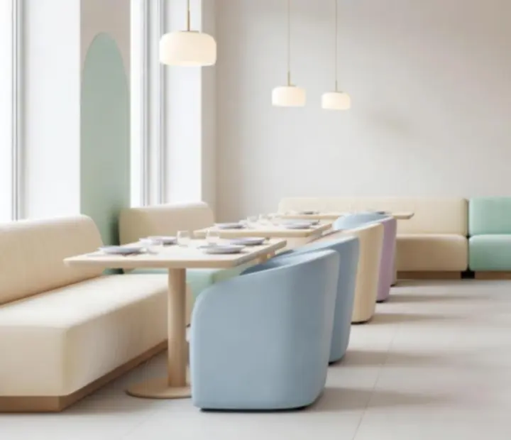 Nowoczesne, jasne wnętrze restauracji Polvirelona w pastelowych kolorach